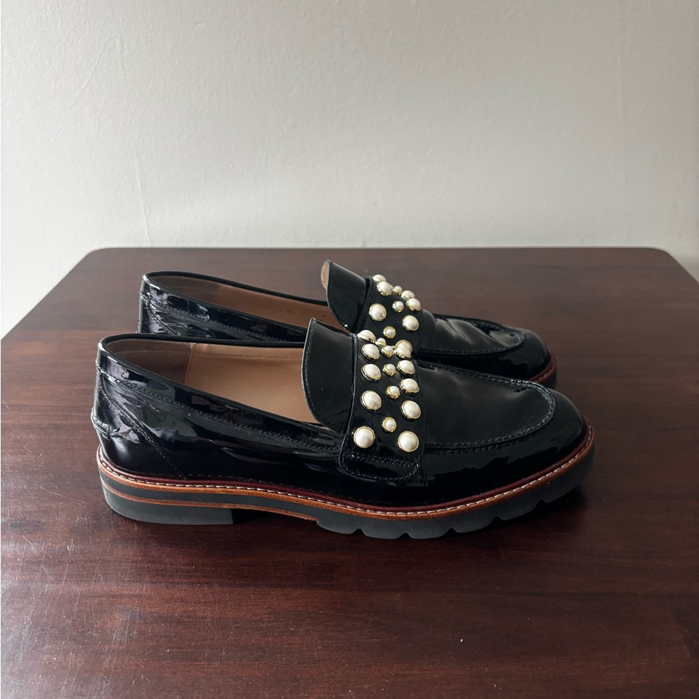 Stuart Weitzman Black Patent Pearl-Embellished Women’s Loafers